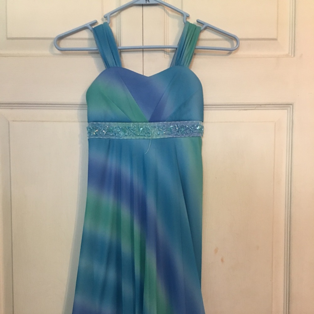 Blue-green-lavender ocean flows kid’s dress